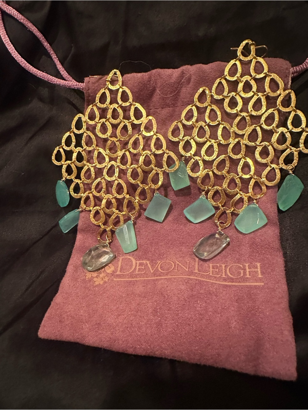 Devon Leigh Gold Chandelier Earrings with Teal and Clear Stone Drops